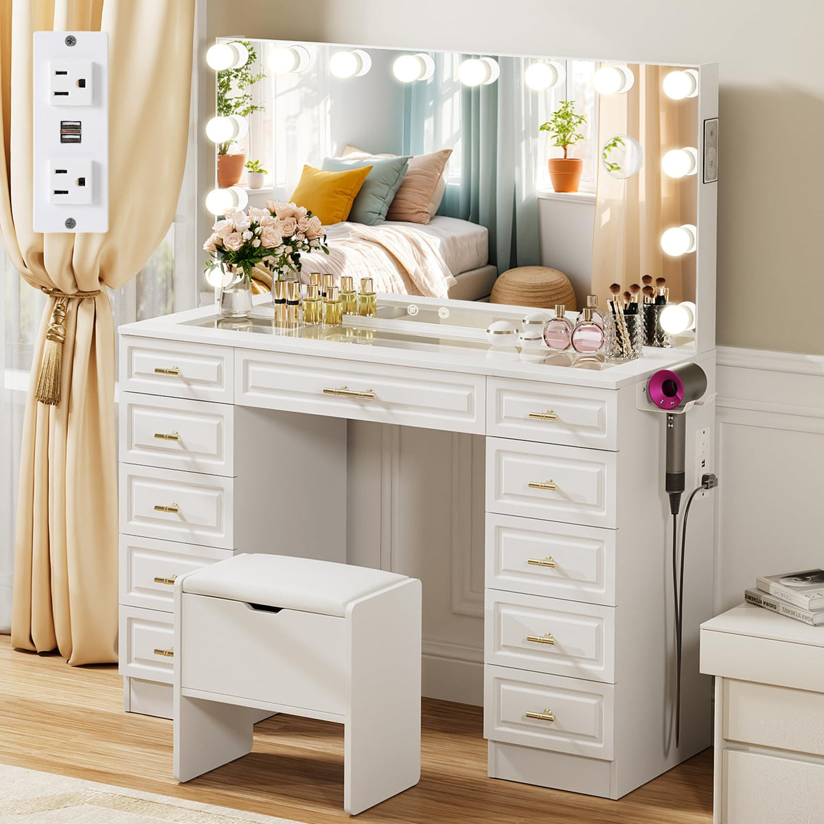VOWNER Vanity with Lighted Mirror, Makeup Vanity Desk w/Bluetooth Speaker