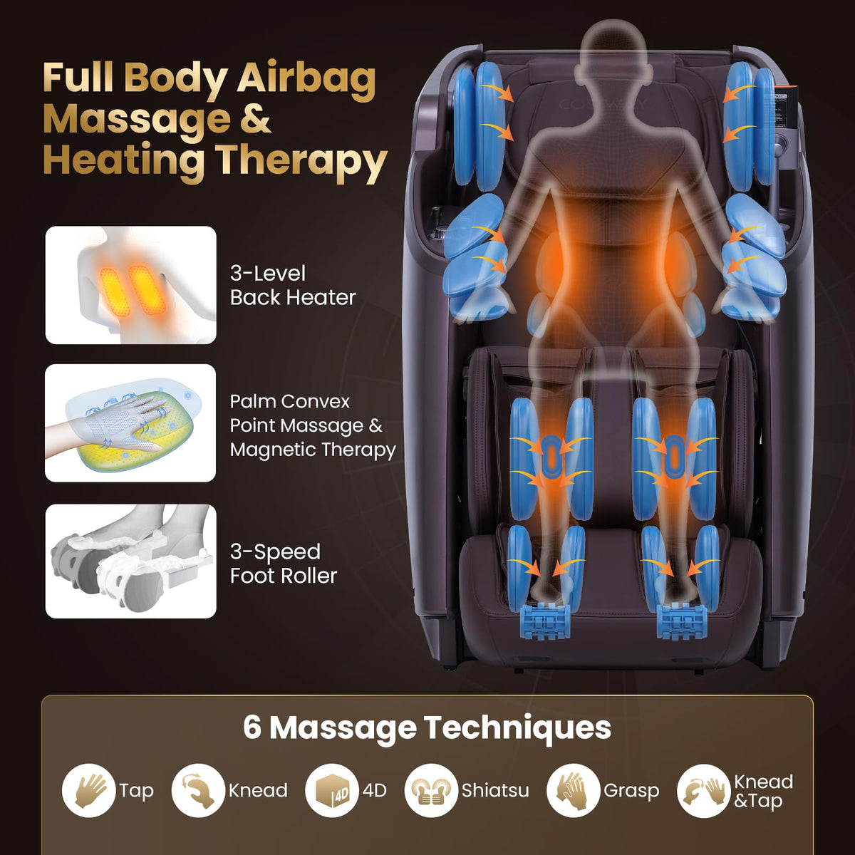 COSTWAY 4D Flexible Track Massage Chair, Full Body Zero Gravity Massage Recliner w/Airbags, Waist Heater, Electric Calf Frame, Auto Body Scan, Wireless Charging Station, Thai Stretching, Brown