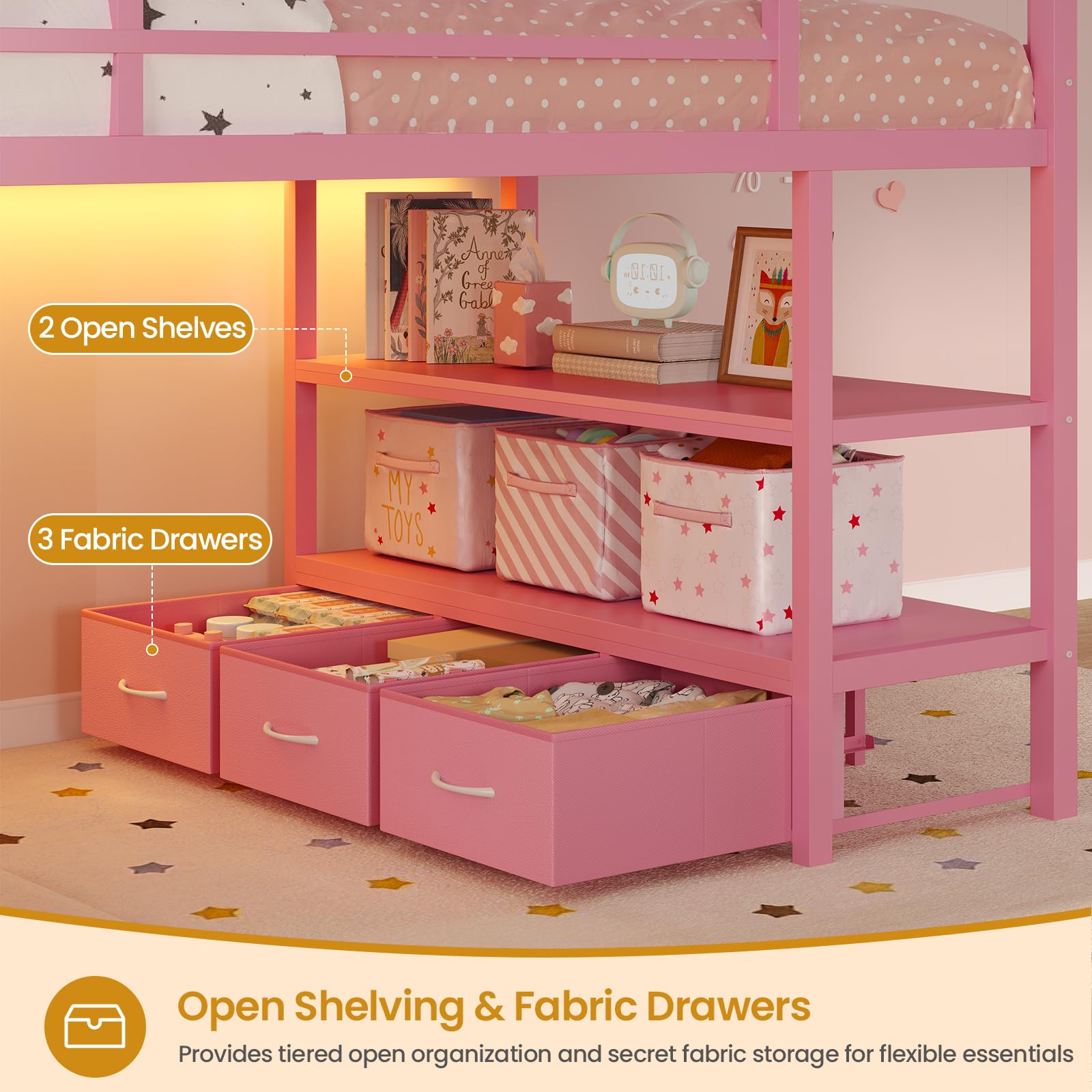 Twin Kids Loft Bed with Storage & LED Lights