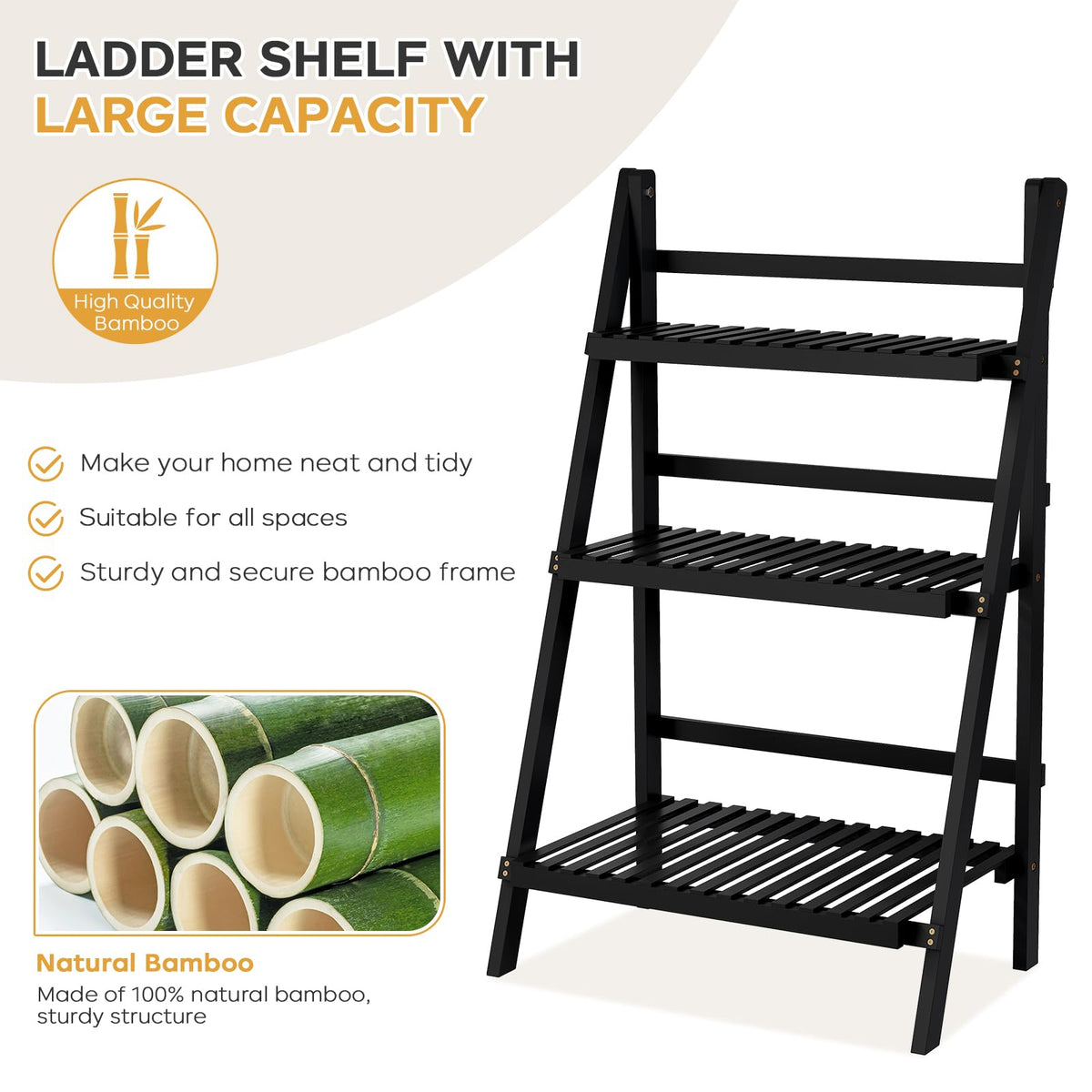 39.4" Foldable Ladder Shelf Plant Shelf, 3 Tier Bamboo Ladder Bookshelf