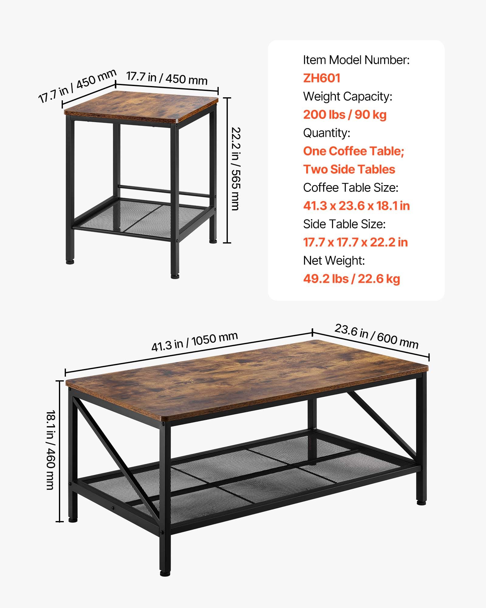 3-Piece Living Room Coffee & End Table Set with Metal Legs