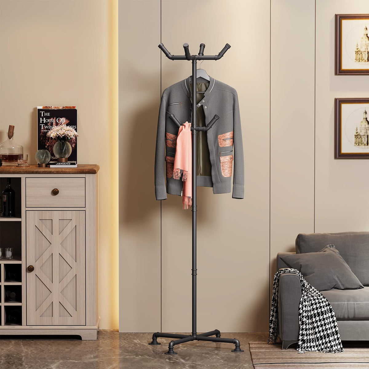 THRONKENGER Industrial Coat Rack,Metal Pipe Coat Rack Stand Freestanding with 6 Hooks,Heavy Duty Coat Tree Sturdy Coat Racks for Entryway, Hallway, Bedroom (Black)