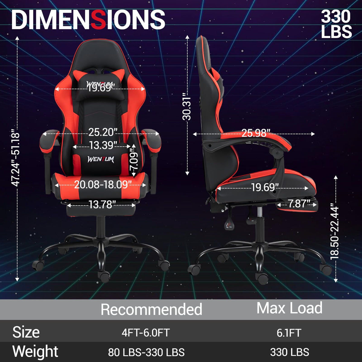 WENTUM Gaming Chair with Footrest for Adults, PU Leather Massage Racing Video Game Chair w/Lumbar Support for Men Women, Ergonomic Computer Gamer Chair for Home Office, Height Adjustable, Red