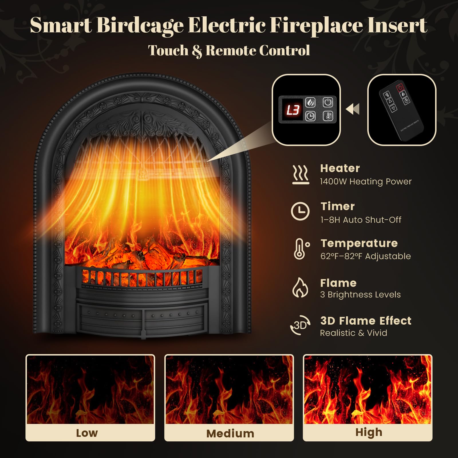 50” Solid Wood Electric Fireplace with Mantel, White Roman Column TV Stand with Black Arched Birdcage Heater Insert, Elegant Fireplace for Living Room, Bedroom & Entryway