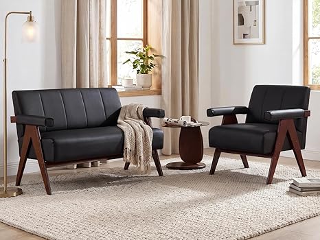 Faux Leather Loveseat Sofa & Accent Chair Set | Mid-Century Modern