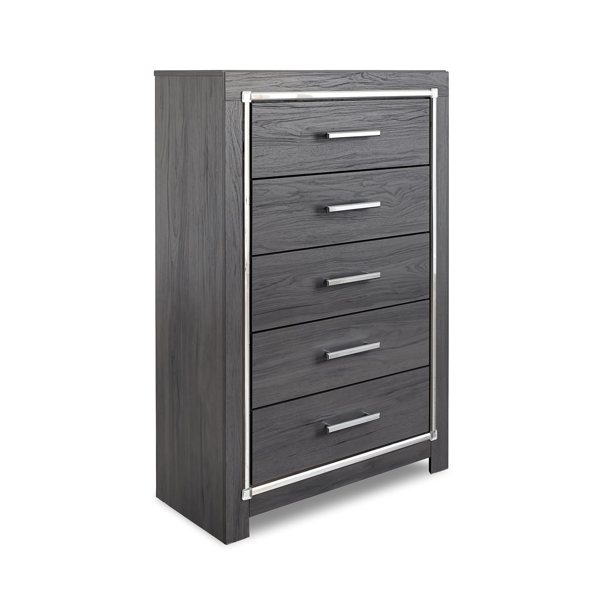 Signature Design by Ashley Lodanna Modern Glam 5 Drawer Chest, Faceted Chrome-tone Pulls and Accents, Wood, 33.75" Wide x 15.75" Deep x 51" High, Gray