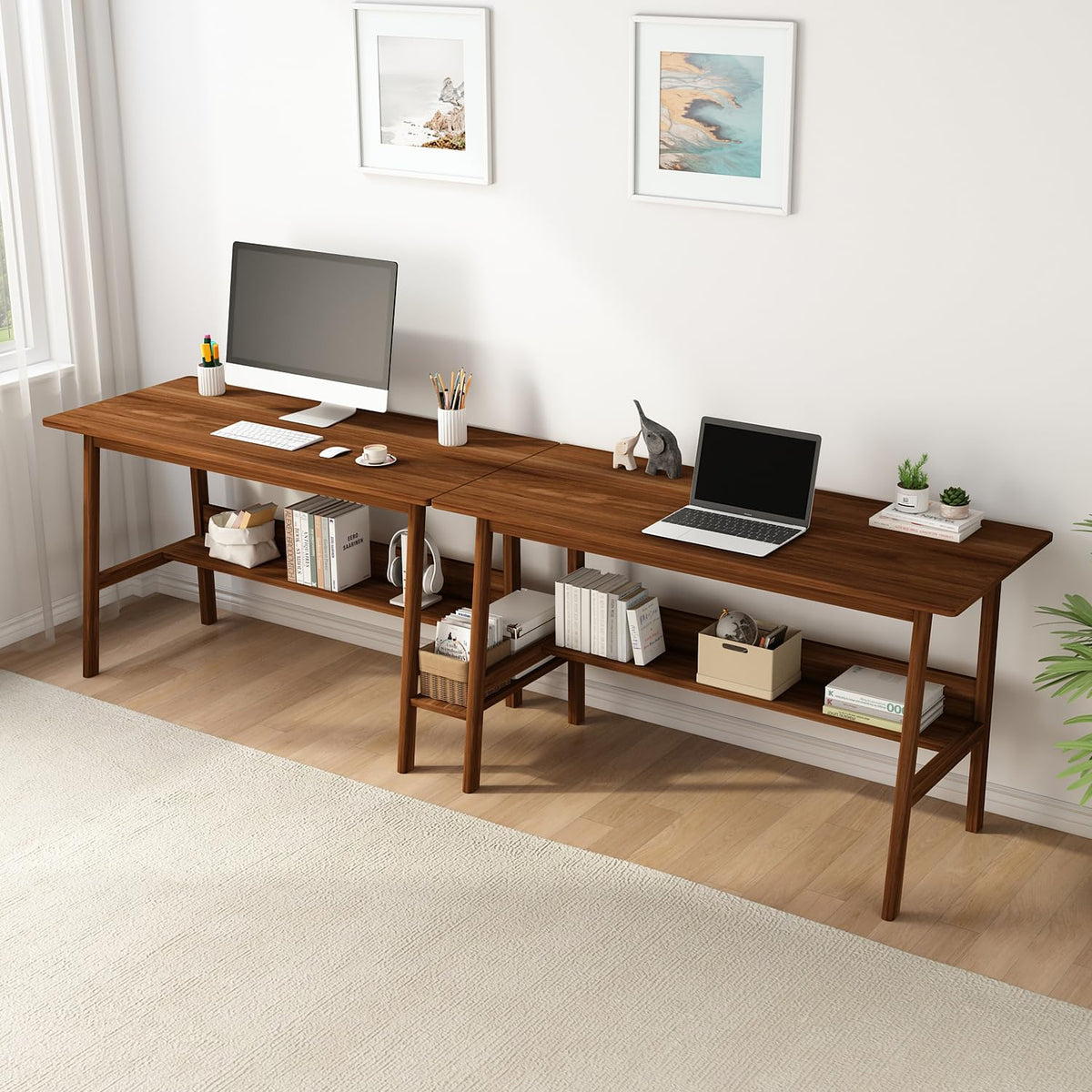 NELYE 2 Person Desk with Storage Bookshelf, 94” x 24” in, Walnut