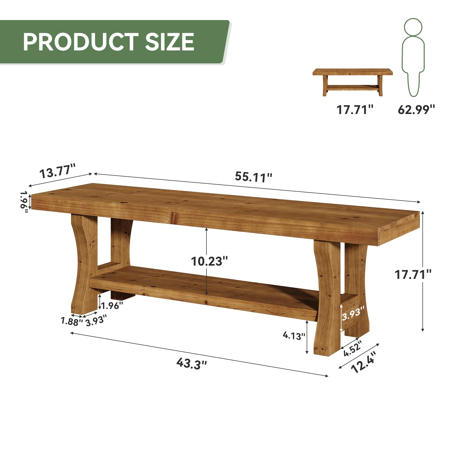 TRIBEWOOD Solid Wood Entryway Bench, 55" End of Bed Bench, Long Indoor Dining Seat for Hallway, Bedroom, Living Room, Dining Room, Easy Assembly, Brown