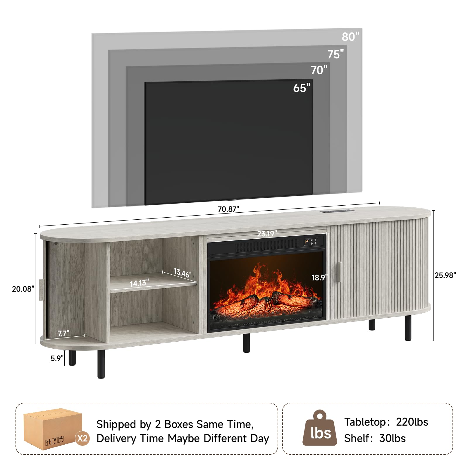 70.8" Fluted Fireplace TV Stand with 23" Electric Fireplace
