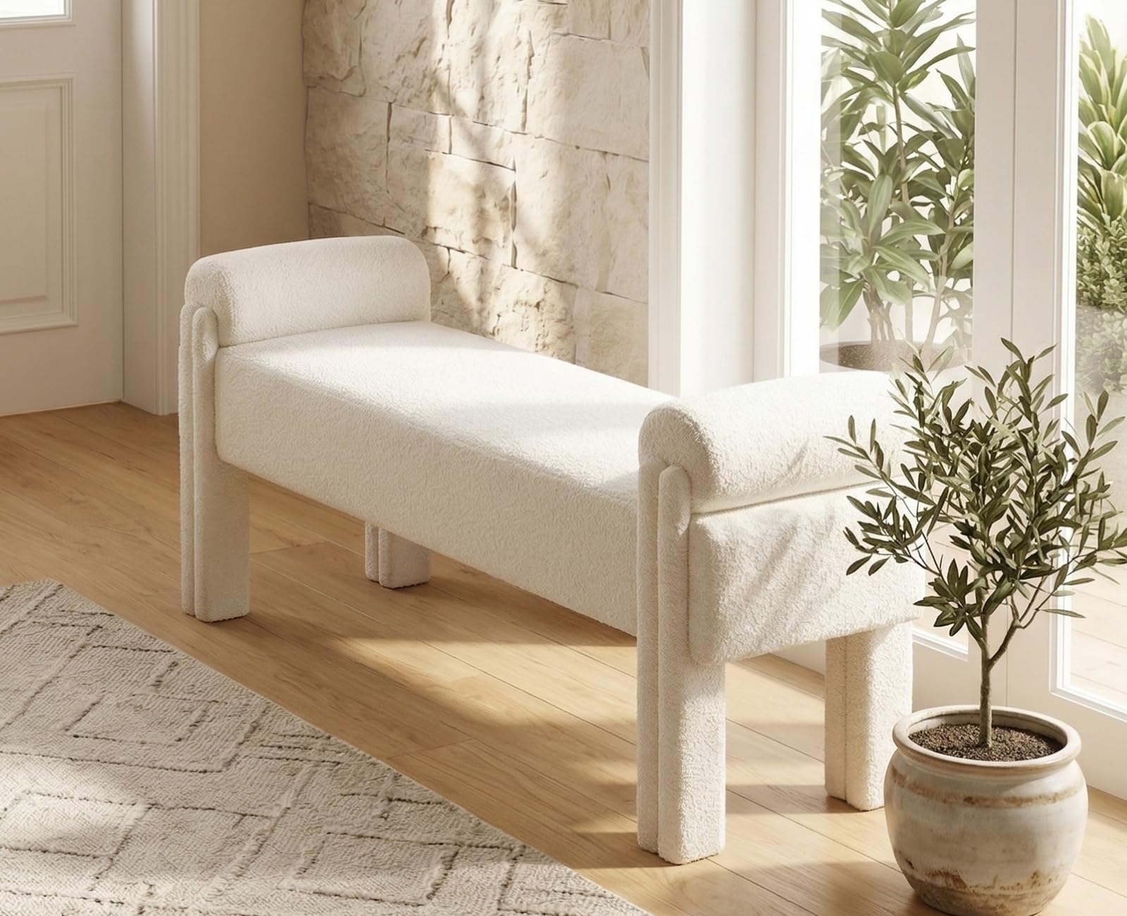 ROCITY White Boucle End of Bed Bench 53 Inch Long Ottoman Sherpa Padded Upholstered Modern Bench for Bedroom/Living Room/Foyer/Entryway
