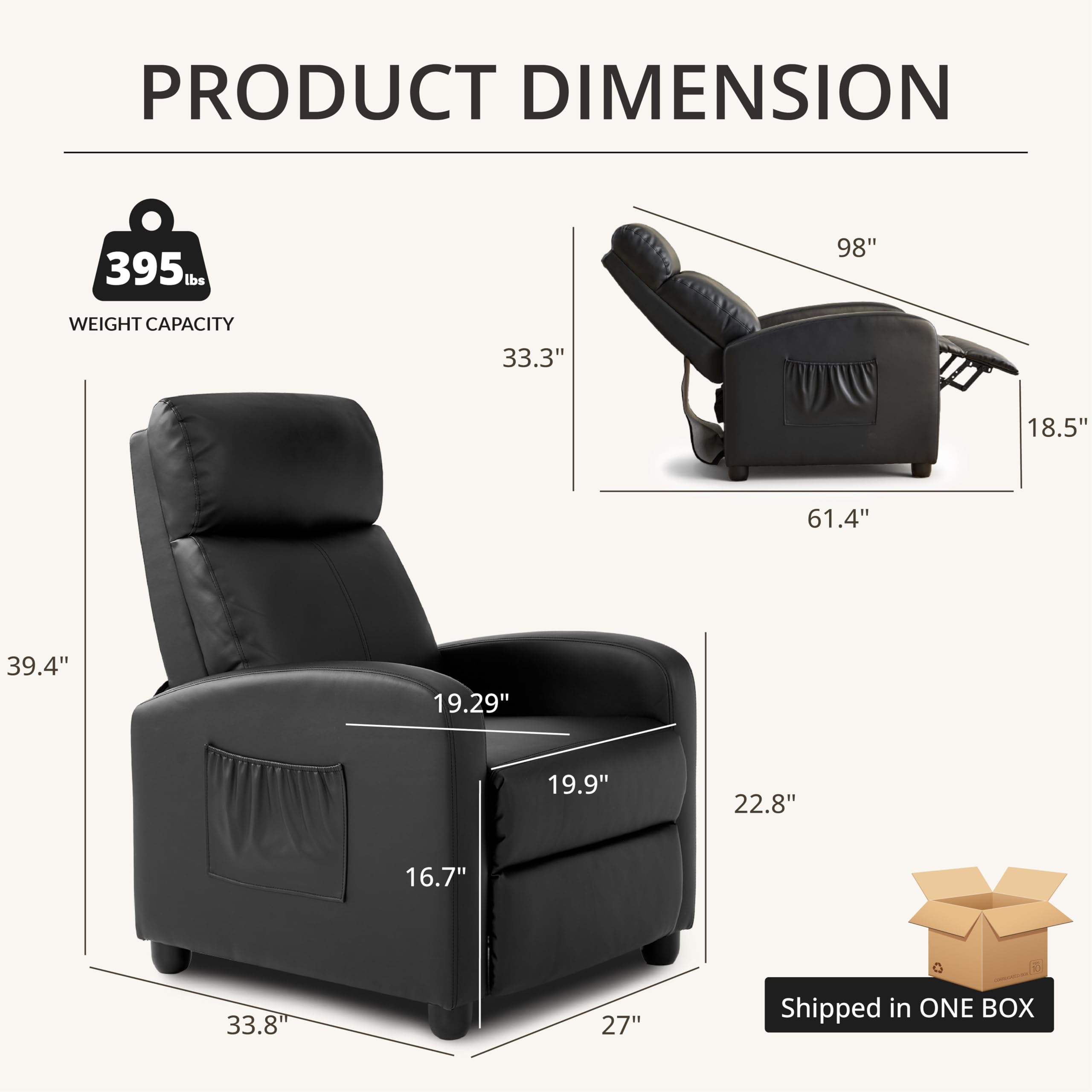 zzlay Leather Recliner Chair for Living Room, Modern Adjustable Home Theater Seating Single Sofa with Adjustable Backrest & Padded Armrests, Manual Push Back Armchair for Small Spaces,Black