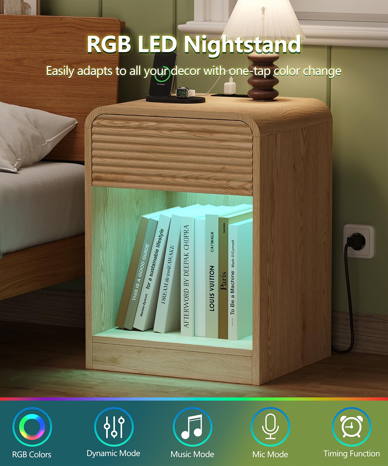Fluted Nightstands Set of 2 with LED & Charging Station