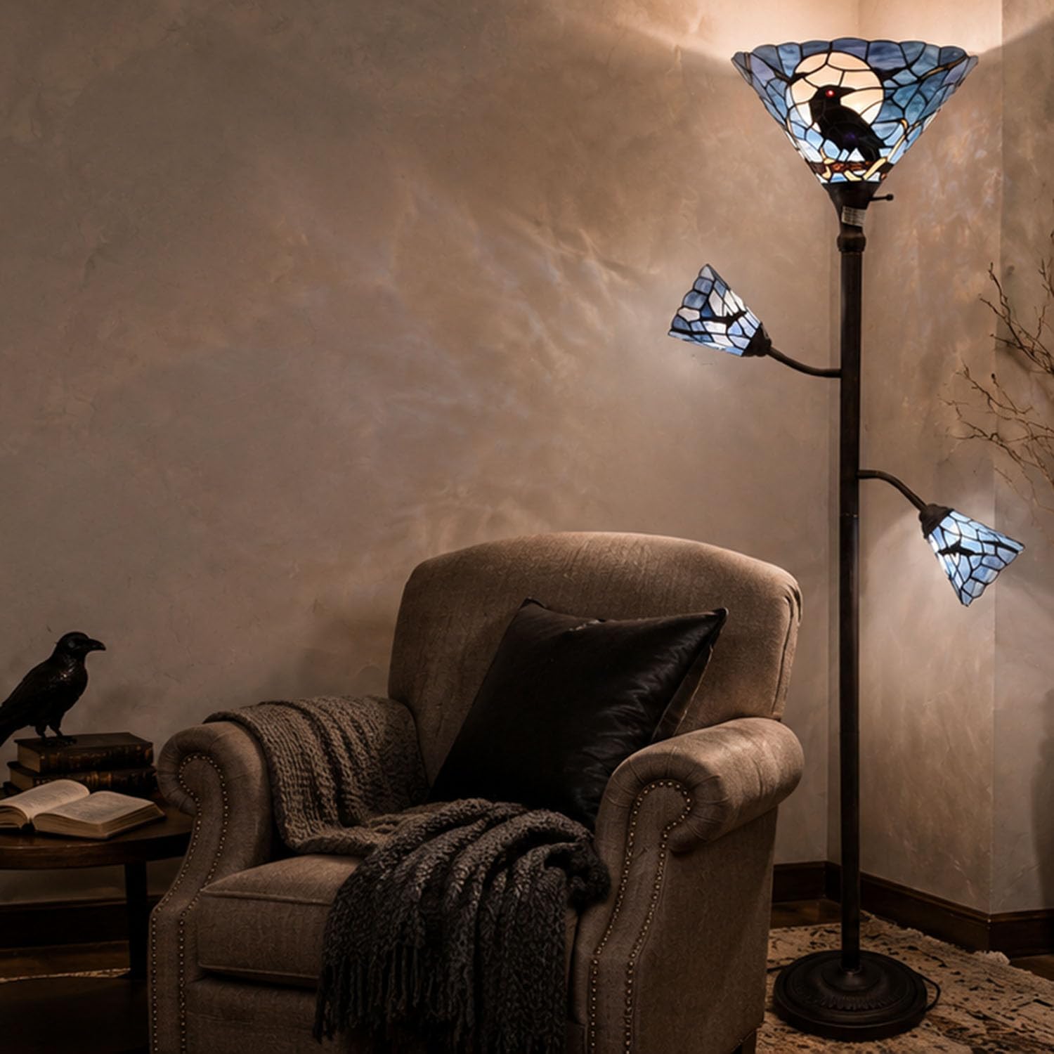 Bieye L10957 Raven Sitting on Bare Tree Branch in Full Moon Night Tiffany Style Stained Glass Torchiere Floor Lamp with Sidelights for Reading Home Decor, 70-inches Tall (Dark Blue)