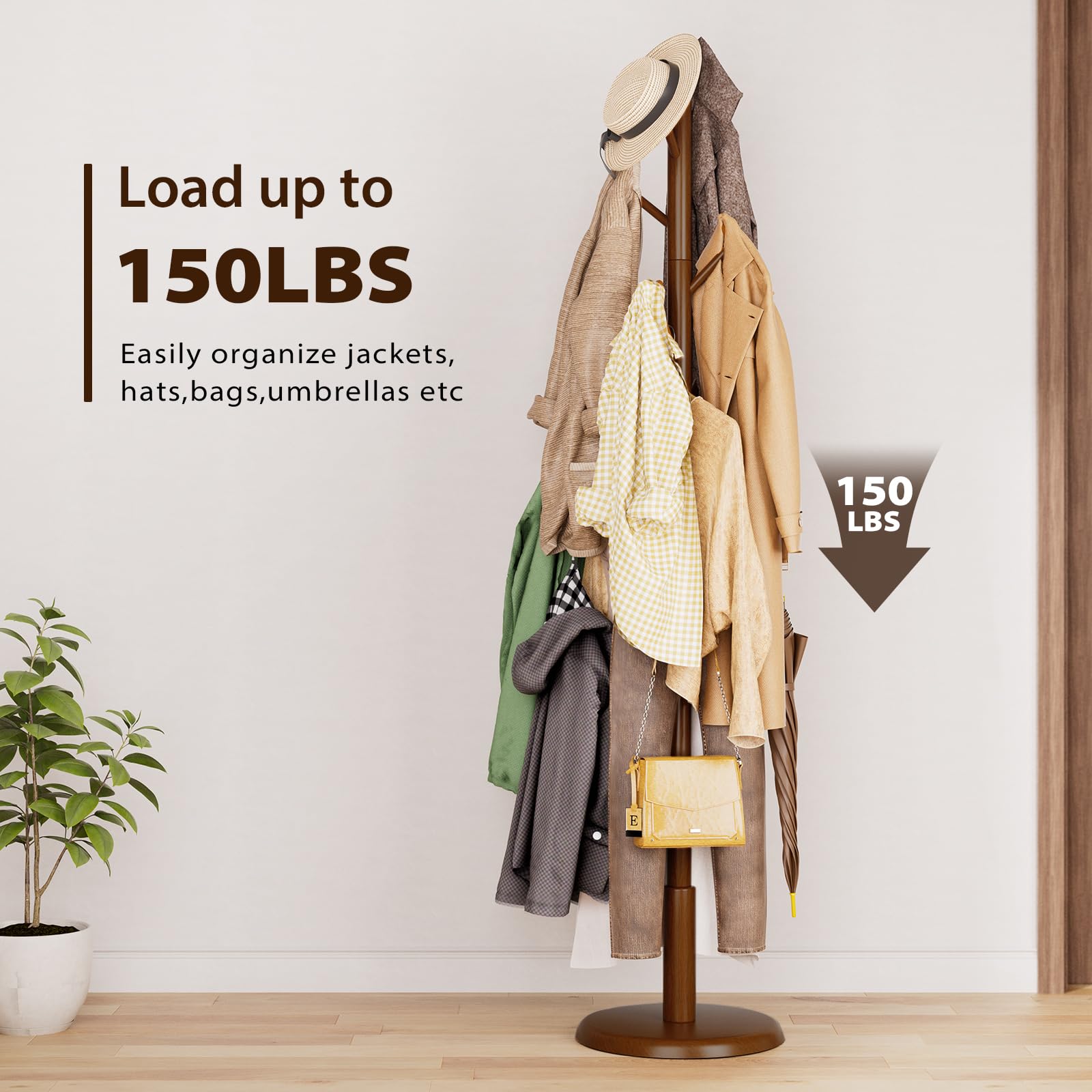 Freestanding Wood Coat Rack with 10 Hooks