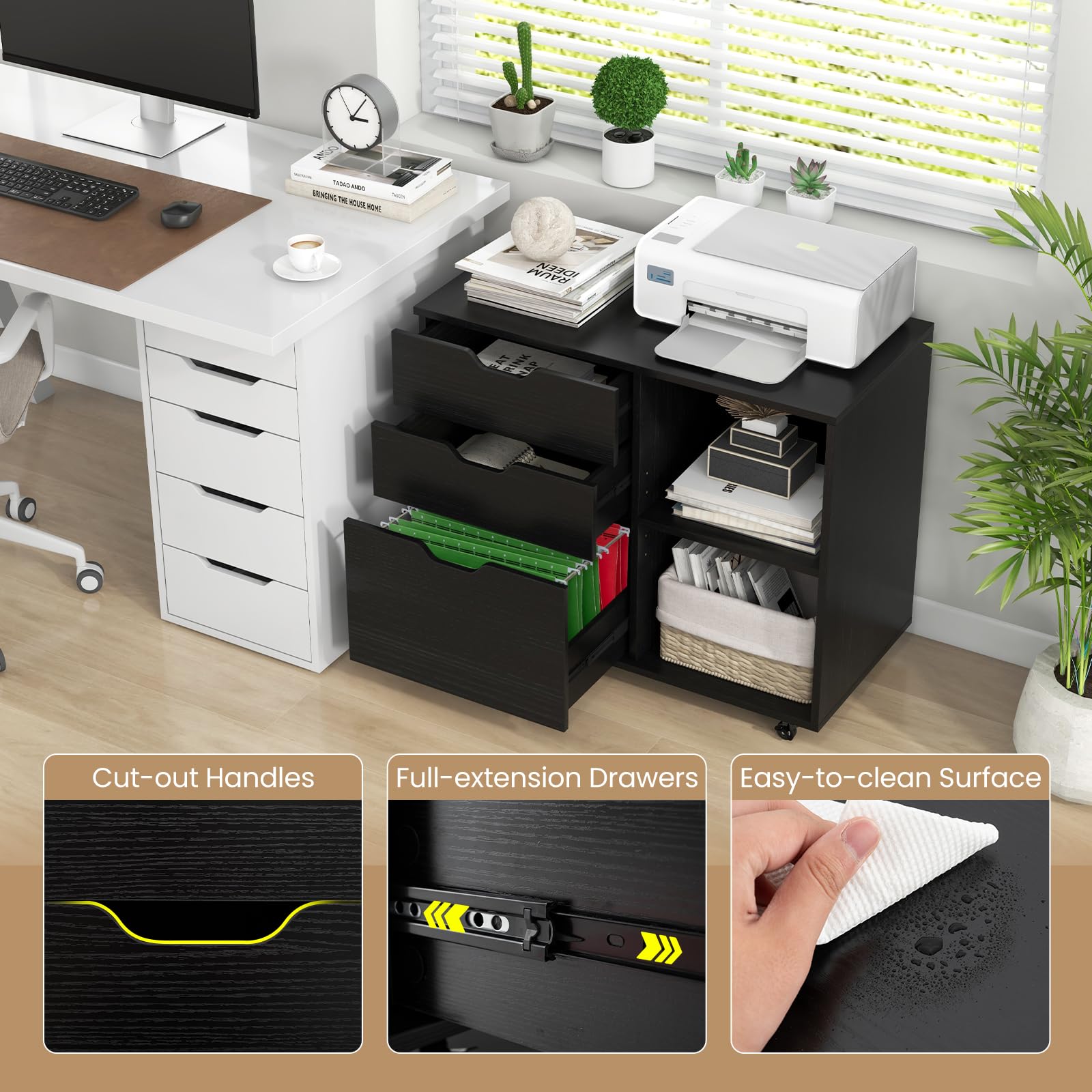 3-Drawer Rolling File Cabinet with Adjustable Shelf