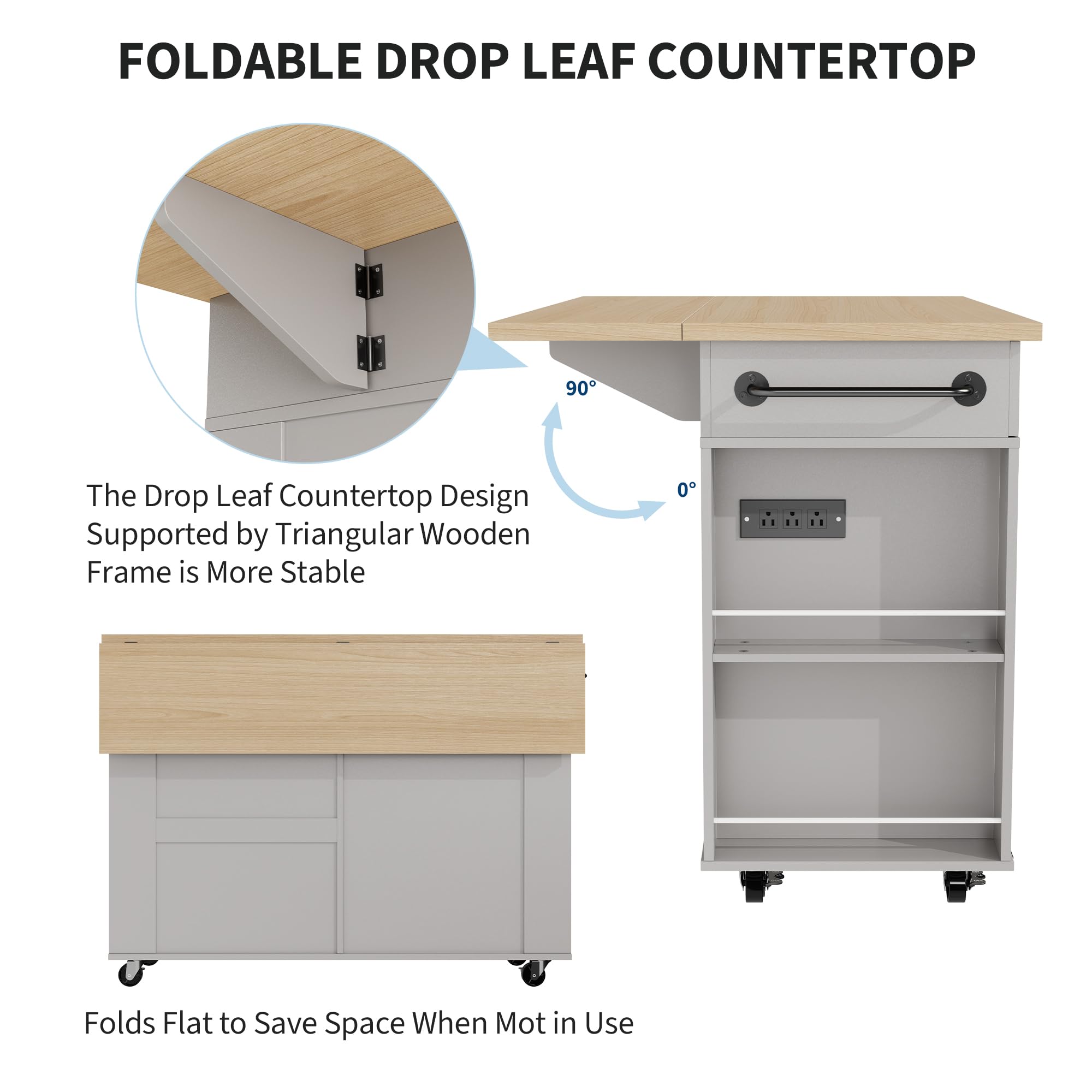 Rolling Kitchen Island with Drop Leaf & Charging Station