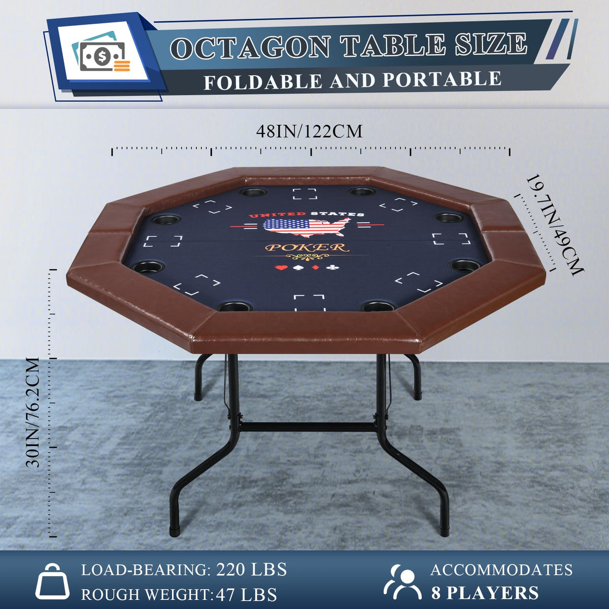REAHOISY 48" Foldable Poker Table for 8 Players, Portable Texas Holdem
