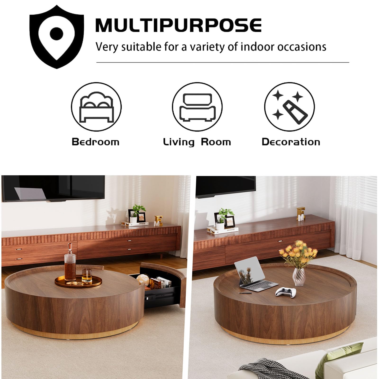 35.4'' Round Drum Coffee Table with Storage, Modern Wooden Round Coffee Tables, Unique Circle Center Table Accent Tea Table with Sturdy Pedestal for Living Room Apartment Small Space (Brown 35.4")
