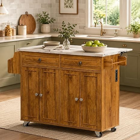 Rolling Kitchen Island with Power Outlet & Drop Leaf