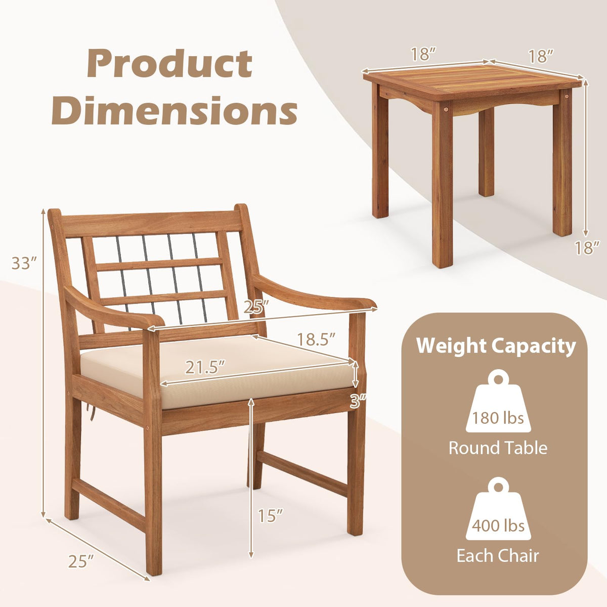 Tangkula 3 Piece Wood Patio Furniture Set, Outdoor Bistro Set w/Soft Seat Cushions, Solid Acacia Wood Frame, 2 Armchairs & Coffee Table Set for Backyard, Porch, Poolside (Off White)