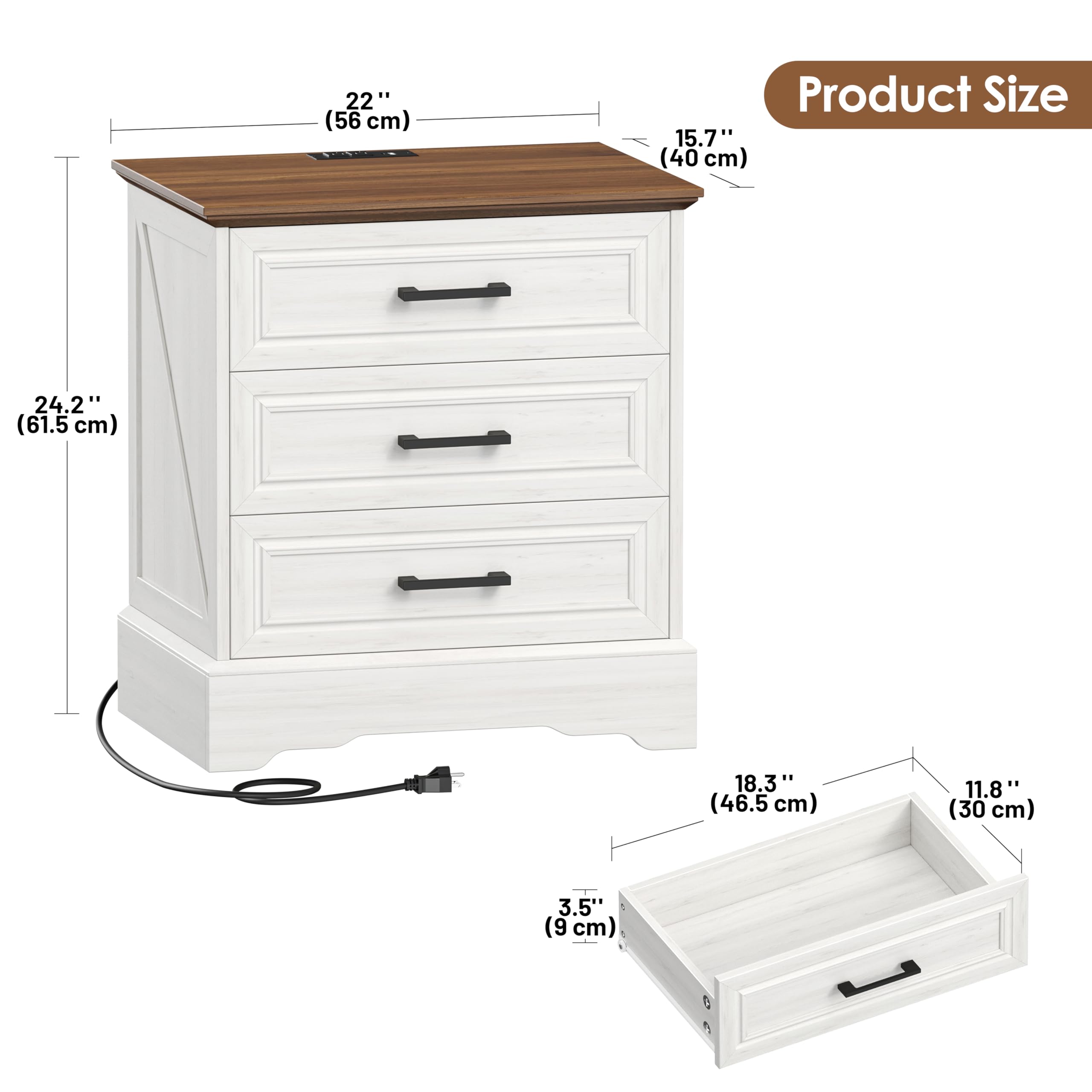 Akxomel Farmhouse Nightstand with Charging Station, 22" Wide Bedside Table with 3 Large Drawers & Bar Handles, Side End Table with Stable Support Base, for Bedroom, Off White