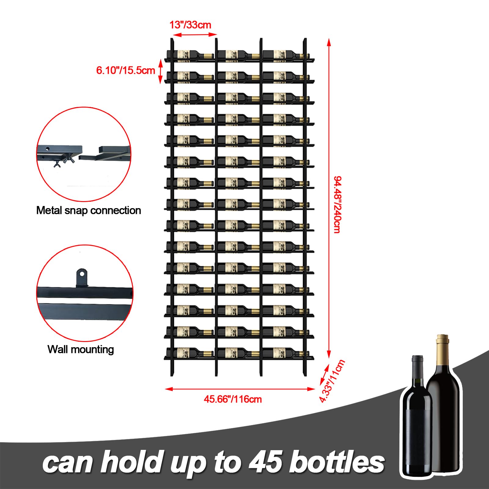 RAJYQODIS Large Wall Mount Wine Rack, 16 Tier 48 Bottle Wine Storage Organizer Display Holder, Metal Liquor Display for Wine Cellars, Home Bars, Kitchens, and Dining Rooms
