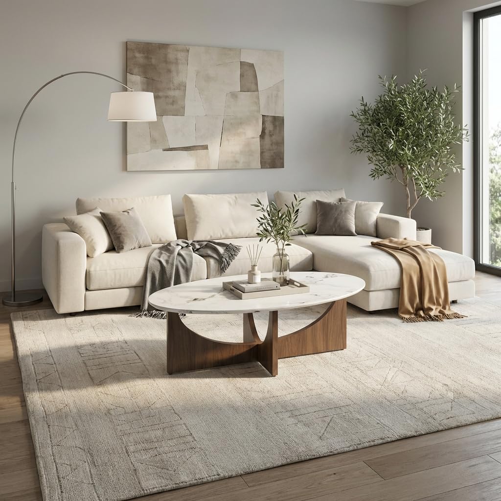Oval Marble-Look Coffee Table