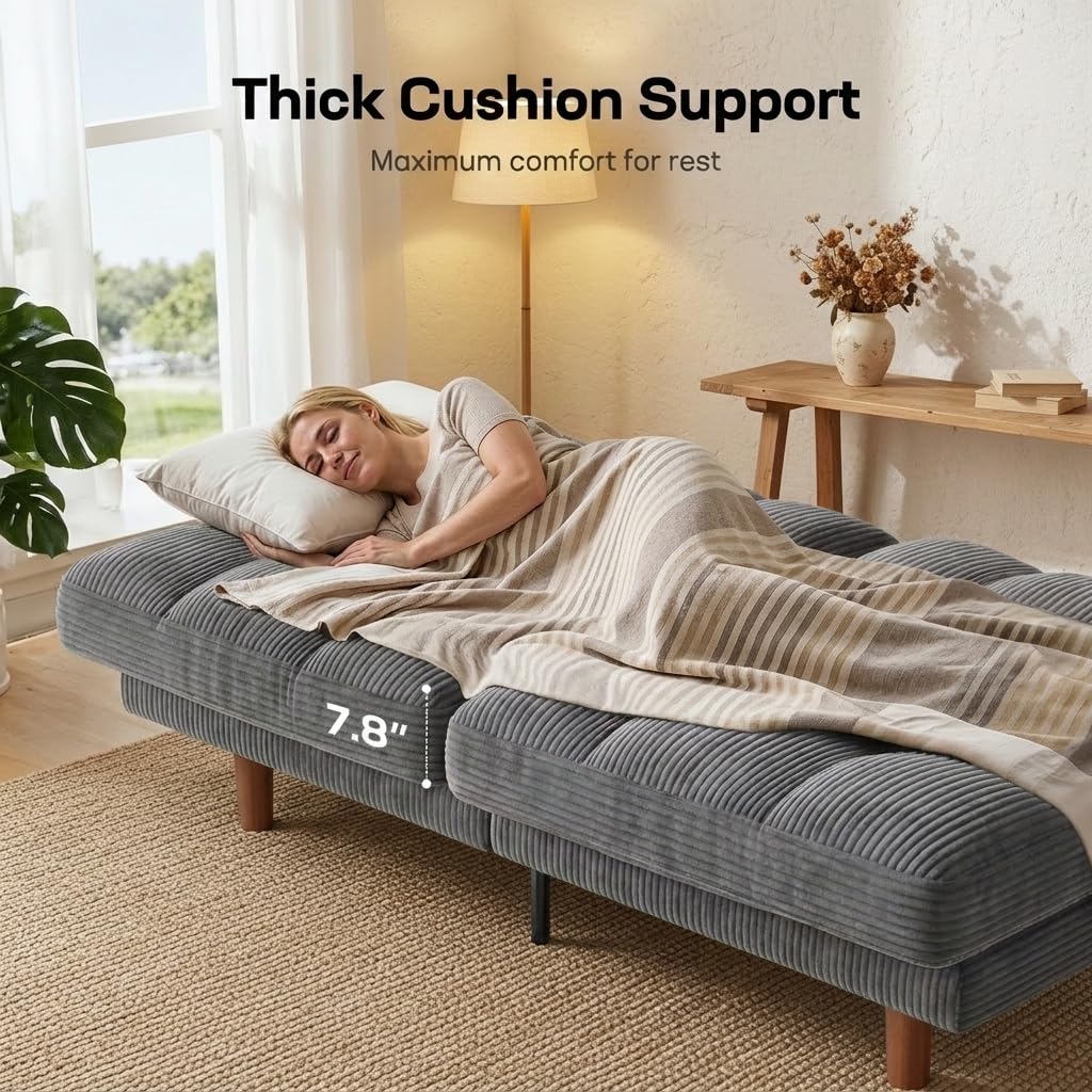 Marsail 70" Convertible Futon Sofa Bed, Small Recliner Sleeper Sofa with Adjustable Backrest, Corduroy Loveseat Futon Couch for Apartments, Living Room, Office, Guest Room (Grey)
