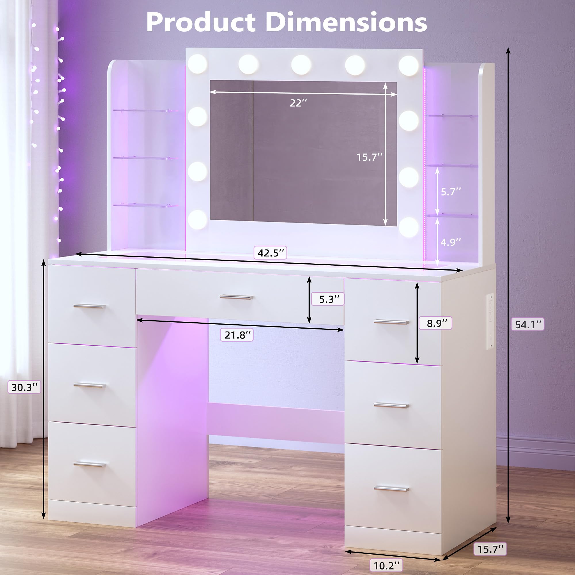 HUAHUU Vanity Desk with Mirror and Hollywood Lights, Makeup Vanity 6 Backlit Open Shelves with Frosted Panel & RGB Light, Transparent Top, Power Outlet, 7 Drawers & Storage Organizer for Bedroom