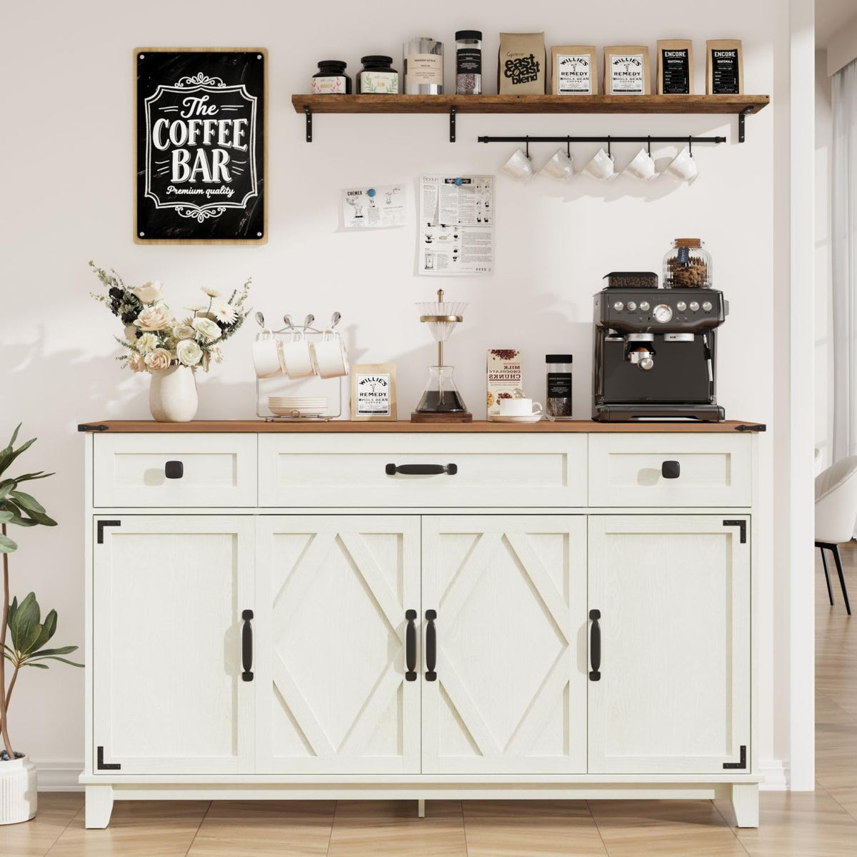 DSNAPE 55" Farmhouse Buffet Cabinet, Coffee Bar Cabinet with Drawers, White