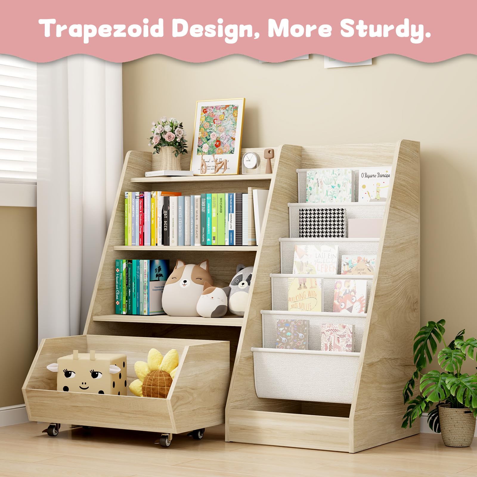 COZPAW Kids Bookshelf and Toy Storage, 4 Tier Toddler Bookshelf with Movable Drawer (Oak)