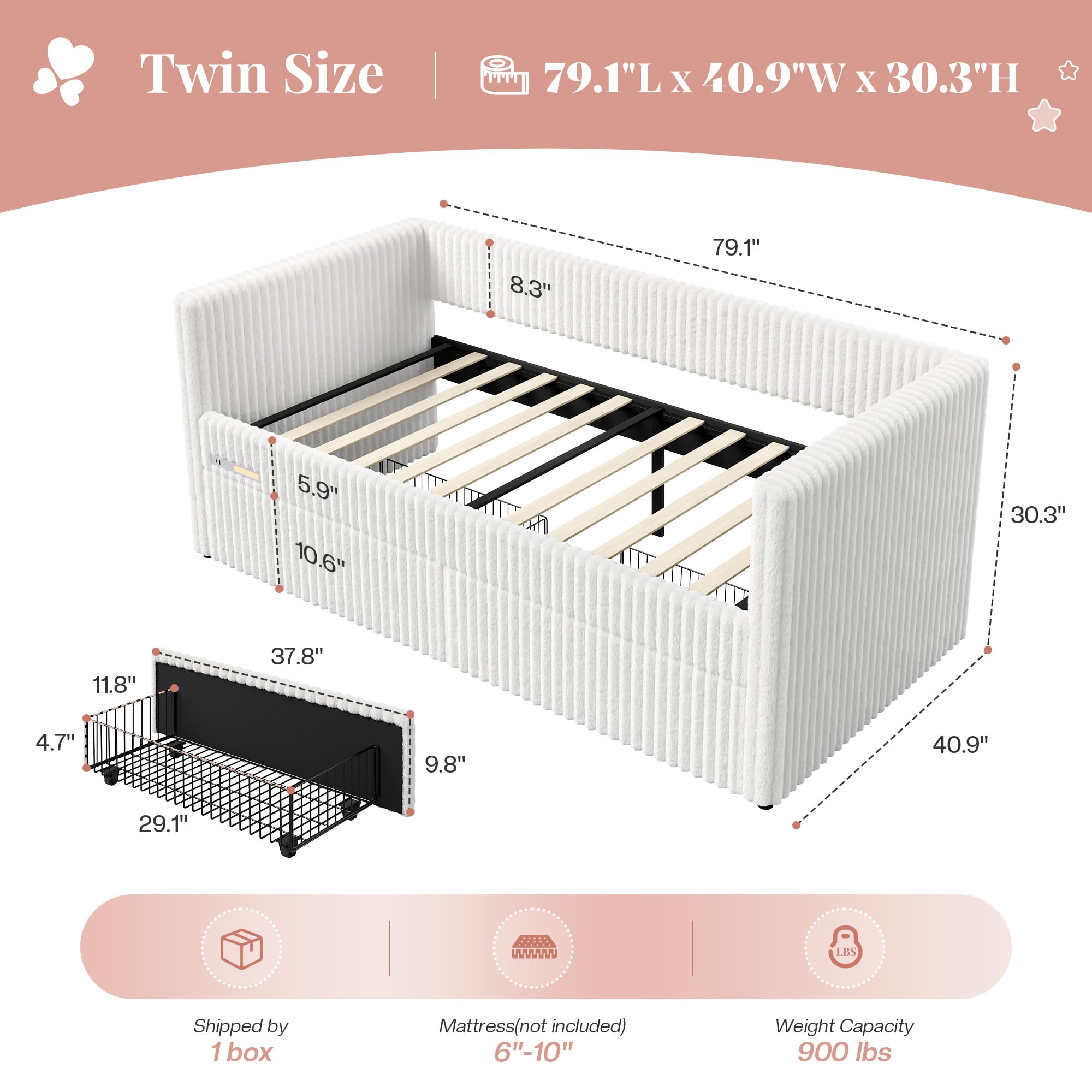 Twin Corduroy Daybed with Storage & Charging