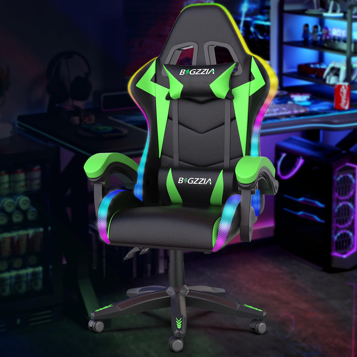 Bigzzia Gaming Chair with RGB LED Lights  for Kids & Adults (Black/Green)
