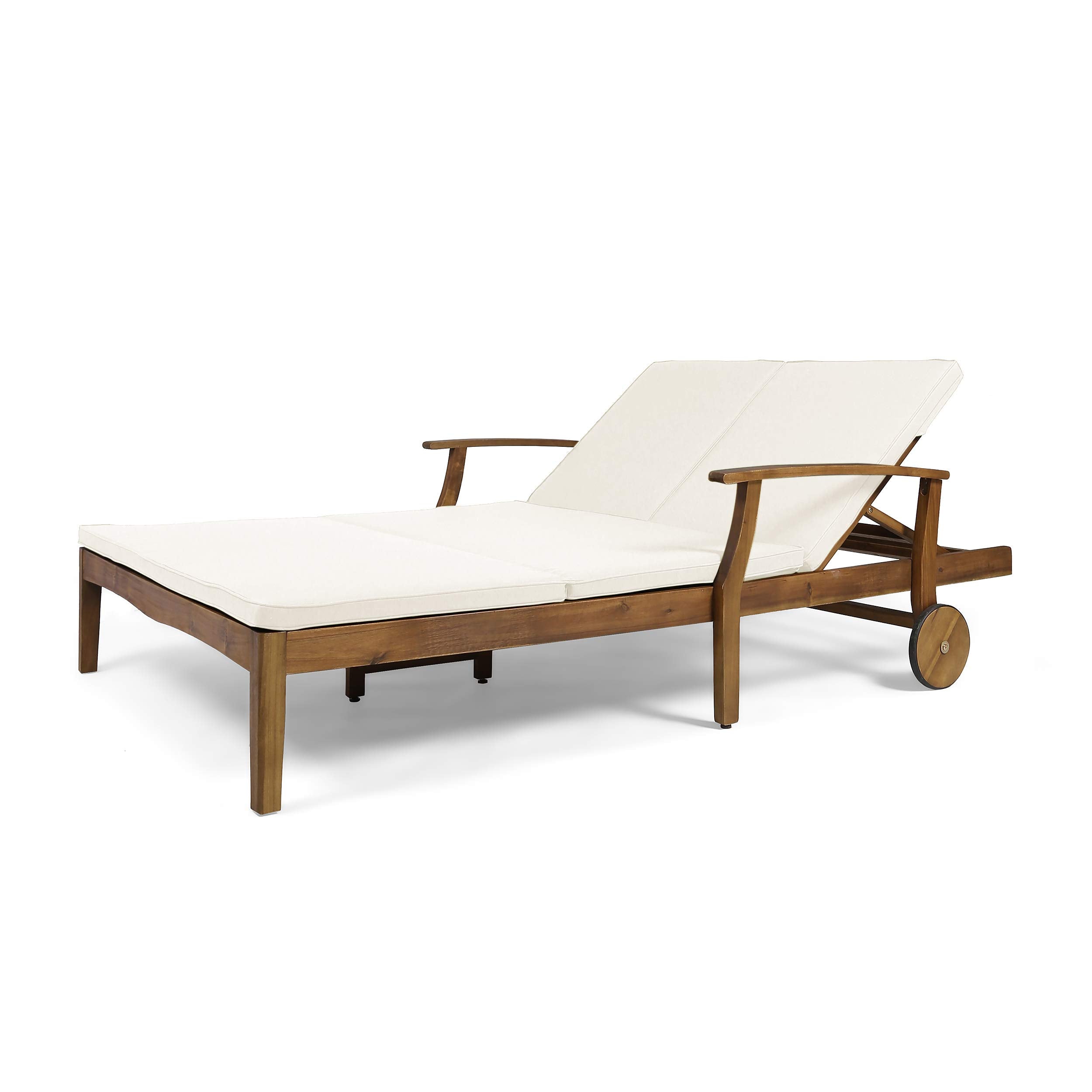 Double Chaise Lounge with Acacia Wood Frame & Water-Resistant Cushions