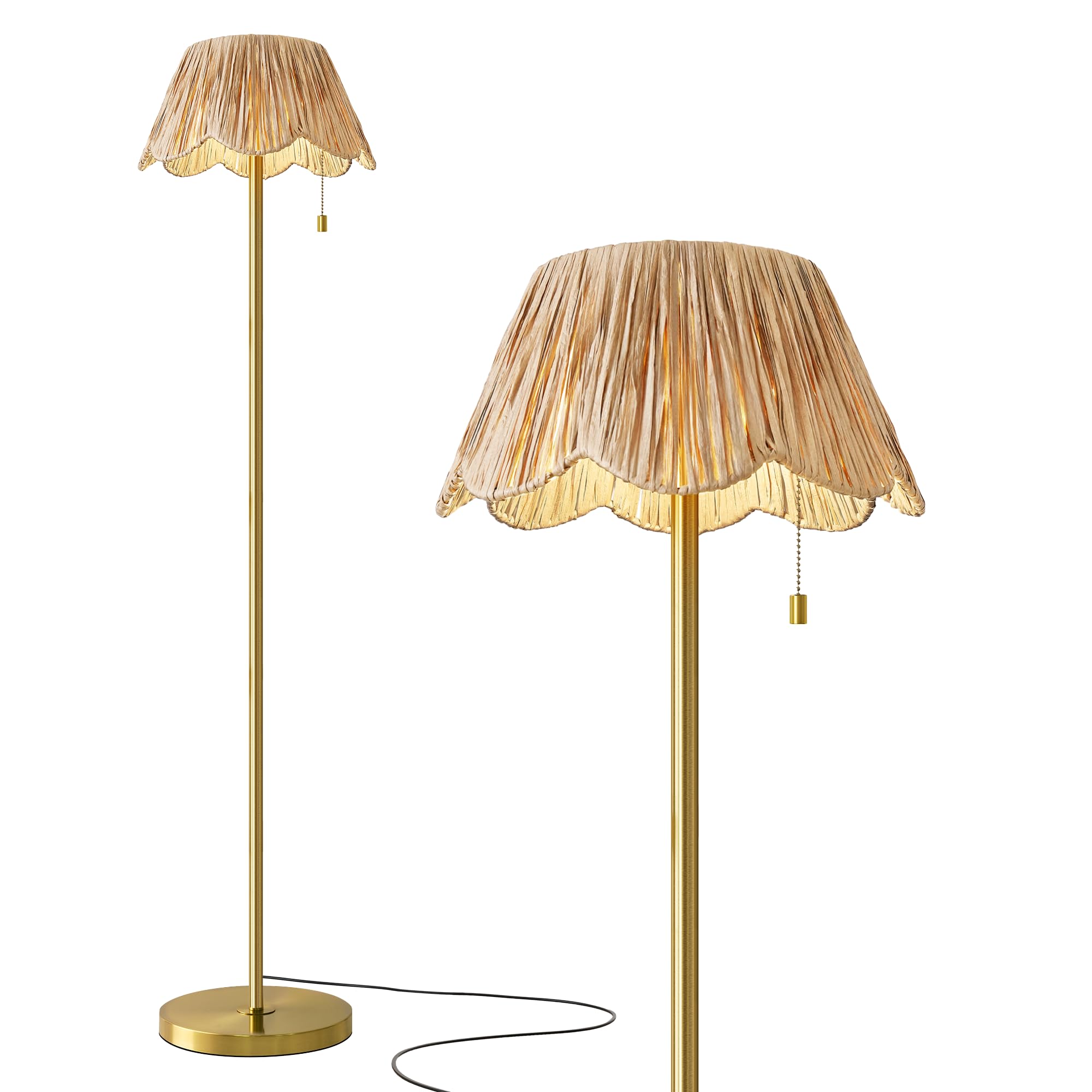 OYEARS 65" Boho Floor Lamps for Living Room, Rattan Floor Lamp, Pull Chain Switch, Gold Standing Lamp with Hand-Woven Shade, Farmhouse Tall Lamps for Nursery, Metal Base&Pole, Bulb not Included, Gold