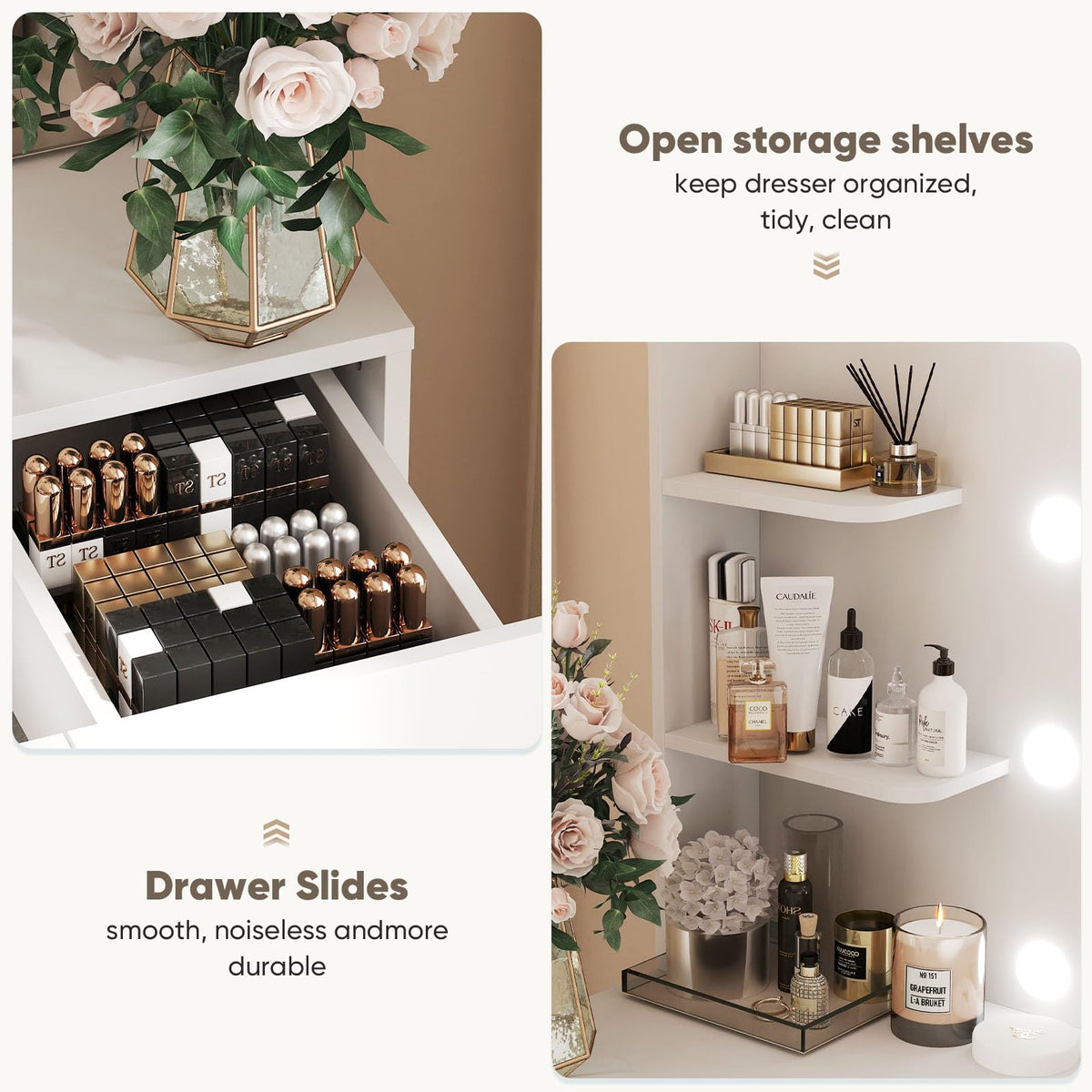 OLIXIS Vanity Desk with Mirror and LED Bulbs, Power Outlet Makeup Table with 3 Drawer & 2 Storage Cabinet, 3 Adjustable Lighting, Modern Ample Storage Dressing Table for Bedroom, White