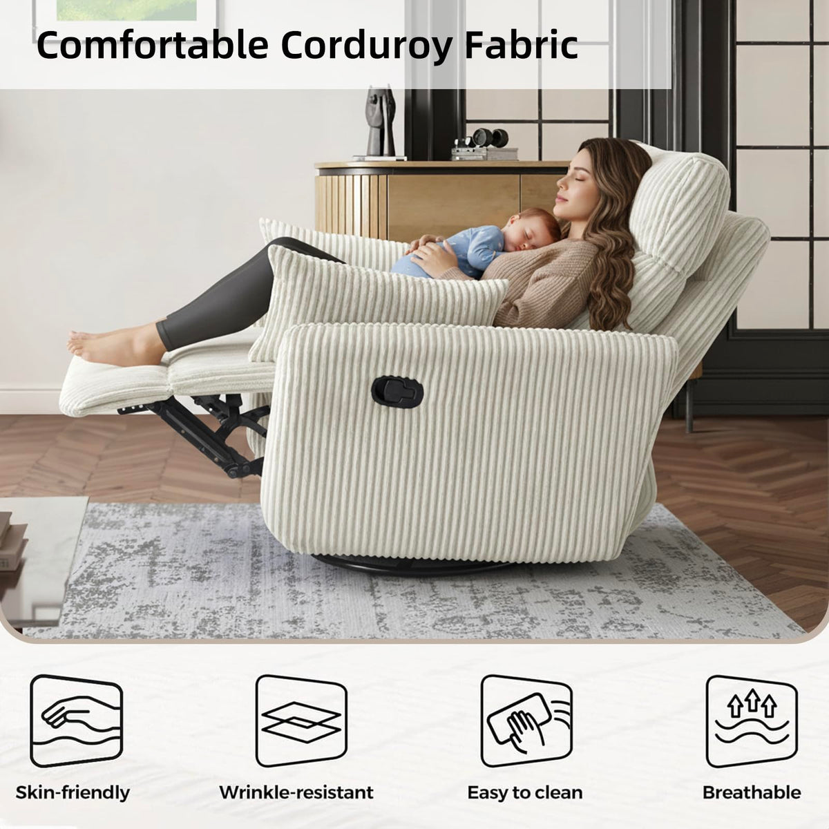 Swivel Recliner Accent Chair, Corduroy Nursery Glider Rocking Chair (Beige)