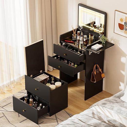 3-in-1 Vanity Desk with Mirror, Lights & Storage Stool