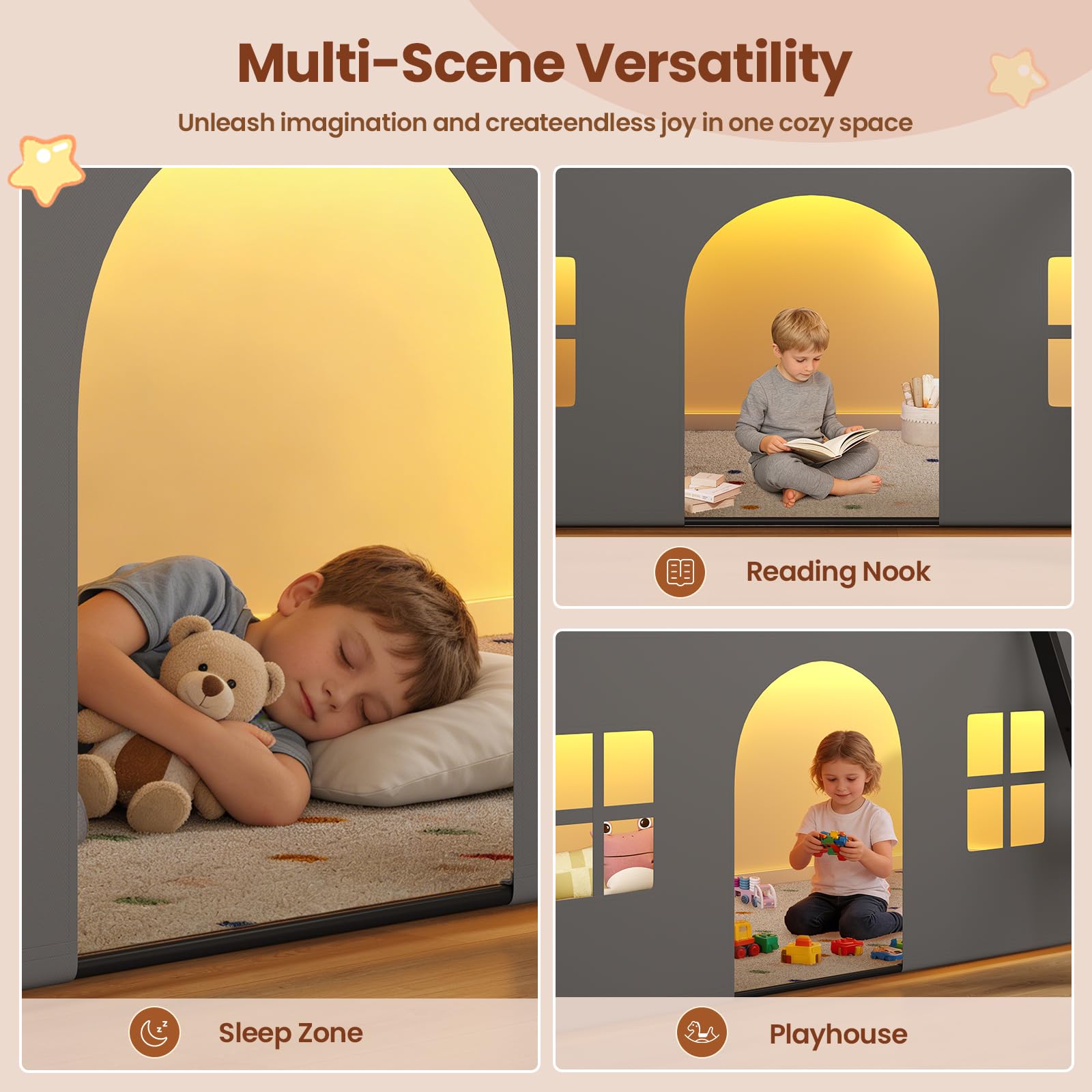 Kids Low Loft Bed with Tent, Storage & LED Lights