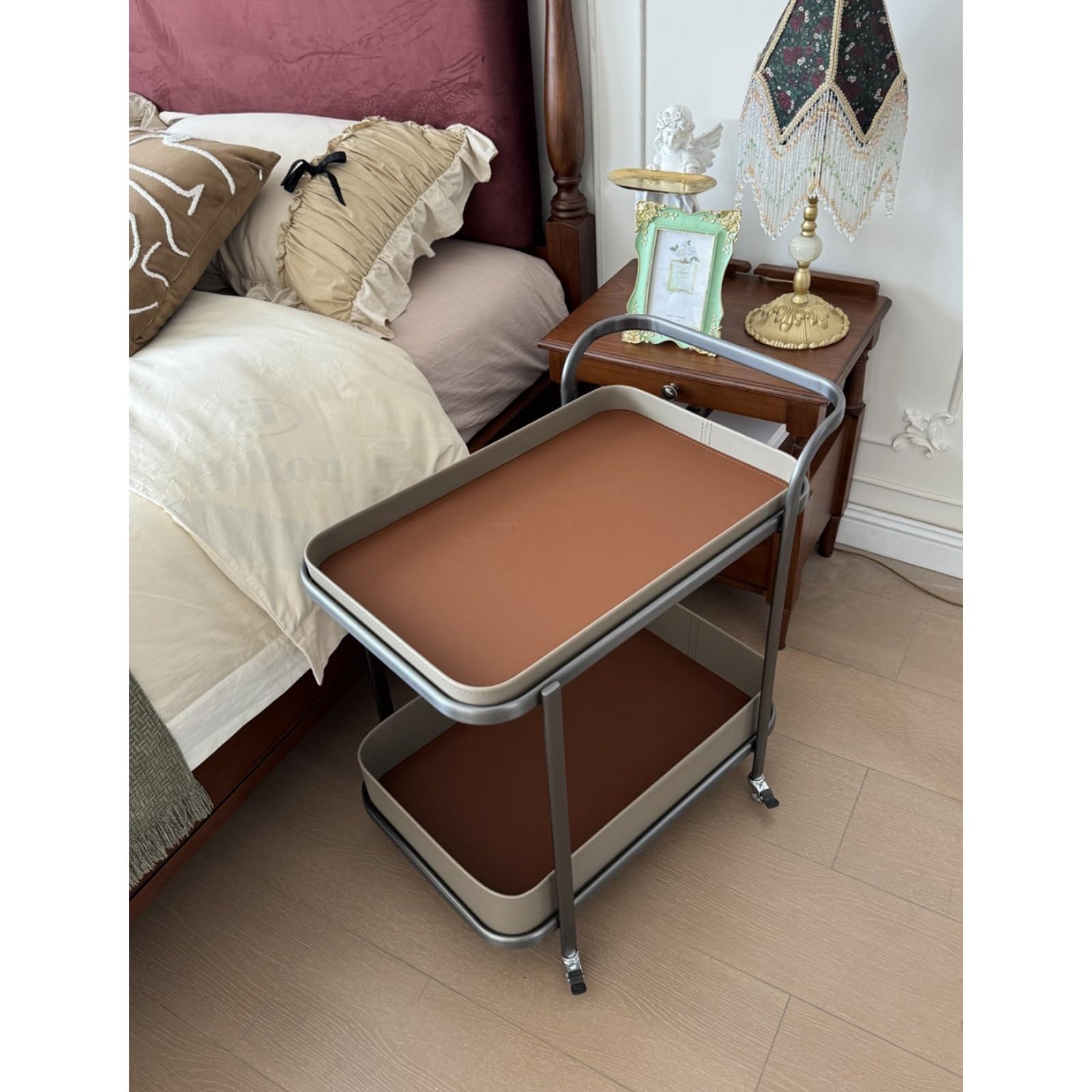 Yclty Rolling End Table, Side Table with Wheels, Modern Serving Cart Snack Table for Living Room, Small Coffee Table(Orange)