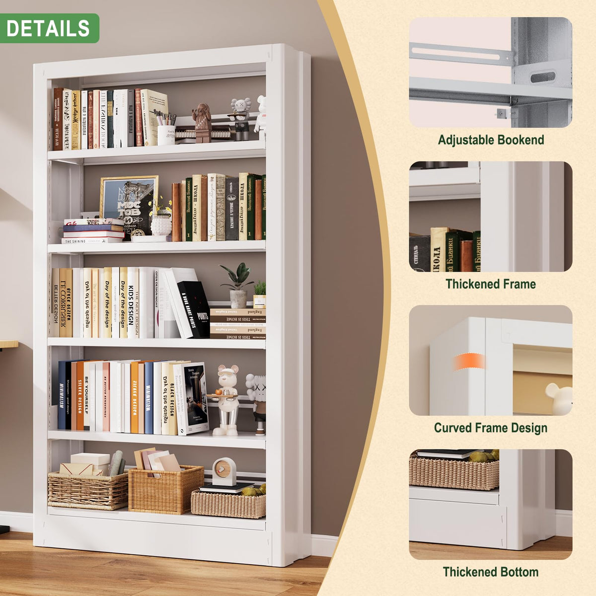 71"H 5-Tier Metal Bookshelf,1400LBS Heavy-Duty Office Shelves,White