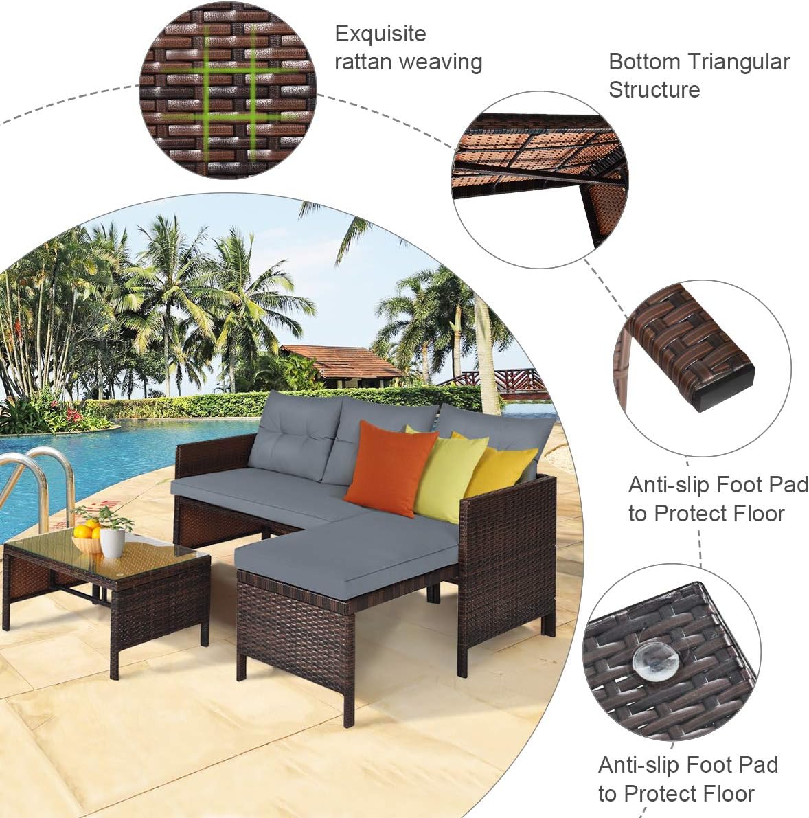 L-Shaped Outdoor Sectional Sofa Set, 3-Piece PE Rattan Patio Furniture with Coffee Table