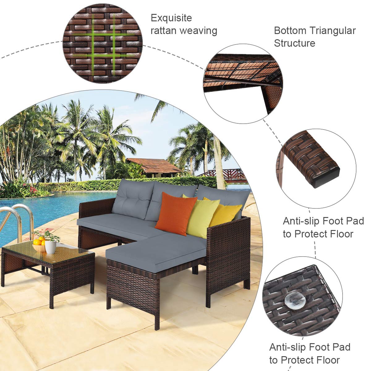 L-Shaped Outdoor Sectional Sofa Set, 3-Piece PE Rattan Patio Furniture with Coffee Table