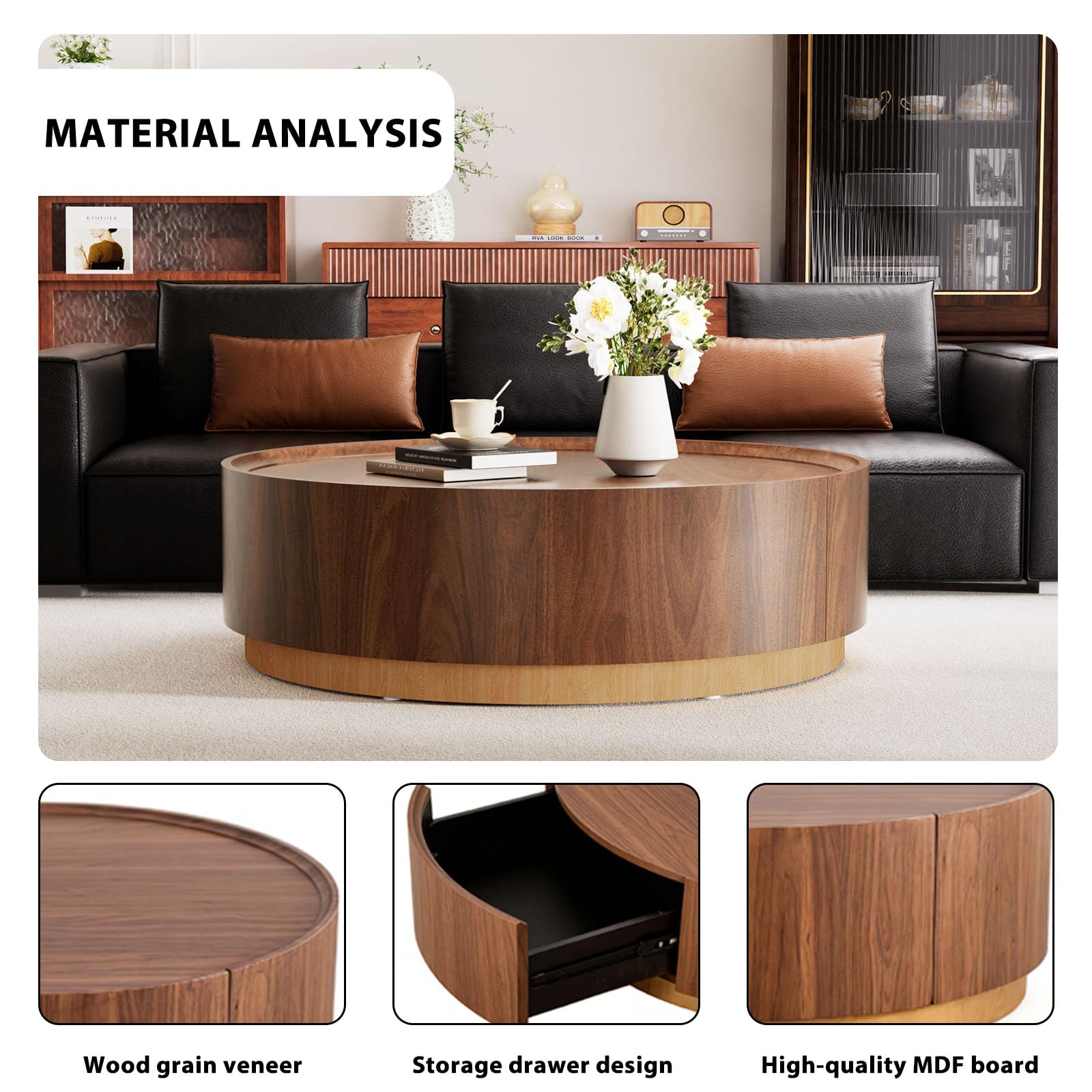 35.4'' Round Drum Coffee Table with Storage, Modern Wooden Round Coffee Tables, Unique Circle Center Table Accent Tea Table with Sturdy Pedestal for Living Room Apartment Small Space (Brown 35.4")