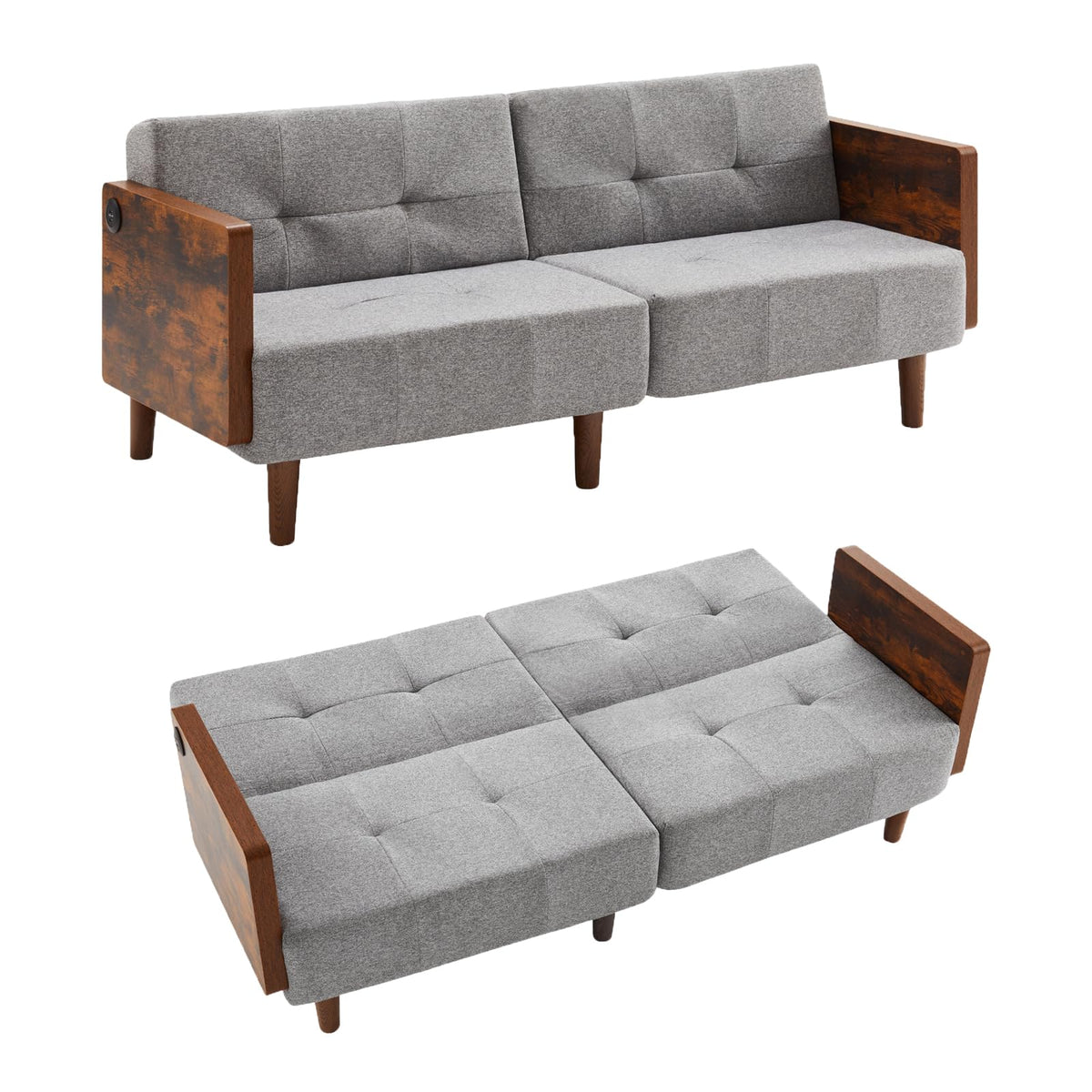 AraSyleon 71" Futon Sofa Bed Convertible Couch for Small Spaces – Twin Sleeper with Cotton Fabric & Wooden Armrests, Grey Upholstered Sofa Bed (Grey)