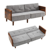 AraSyleon 71" Futon Sofa Bed Convertible Couch for Small Spaces – Twin Sleeper with Cotton Fabric & Wooden Armrests, Grey Upholstered Sofa Bed (Grey)