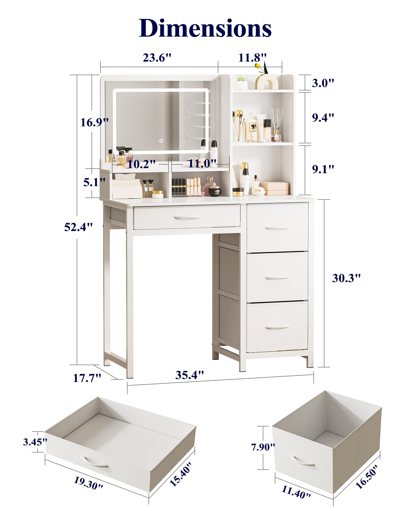Kitsure Vanity Desk with Mirror and Lights - Large Capacity Makeup Vanity with 4 Fabric Storage Drawers & 3 Lighting Modes, Vanity Table Set with Sturdy Metal Frame for Bedroom, White, 35" x 17" x 52"