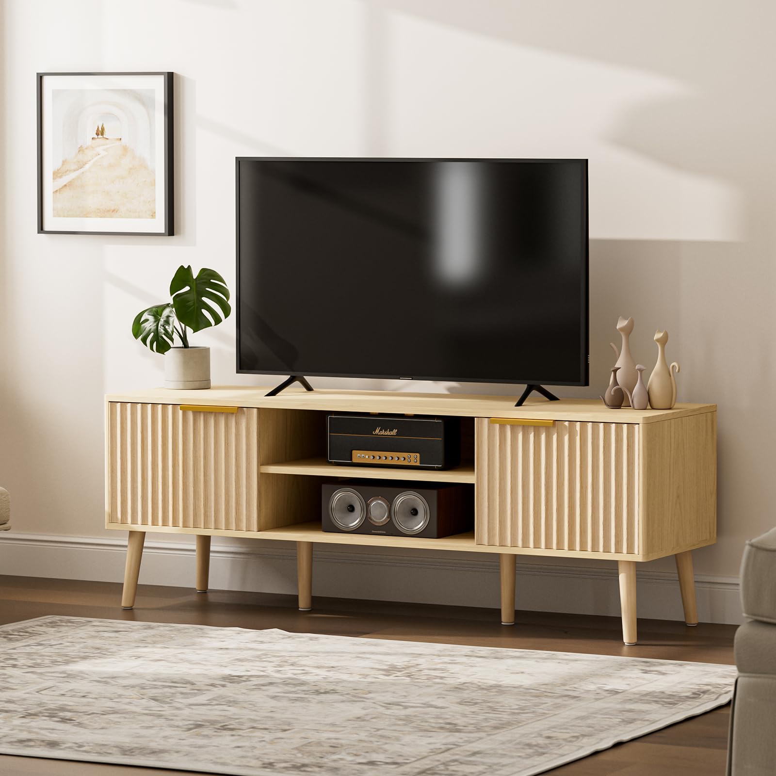 TV Stand with Fluted Door Cabinets & Open Shelves