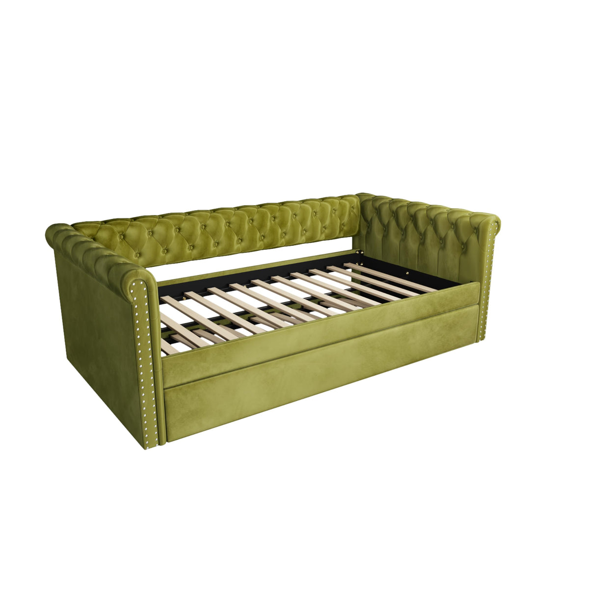 Merax Twin Size Upholstered Daybed with Trundle, Modern Velvet Sofa Bed with Tufted Button Design and Curved Armrests for Living Room, Bedroom and Guest Room, No Box Spring Needed, Green
