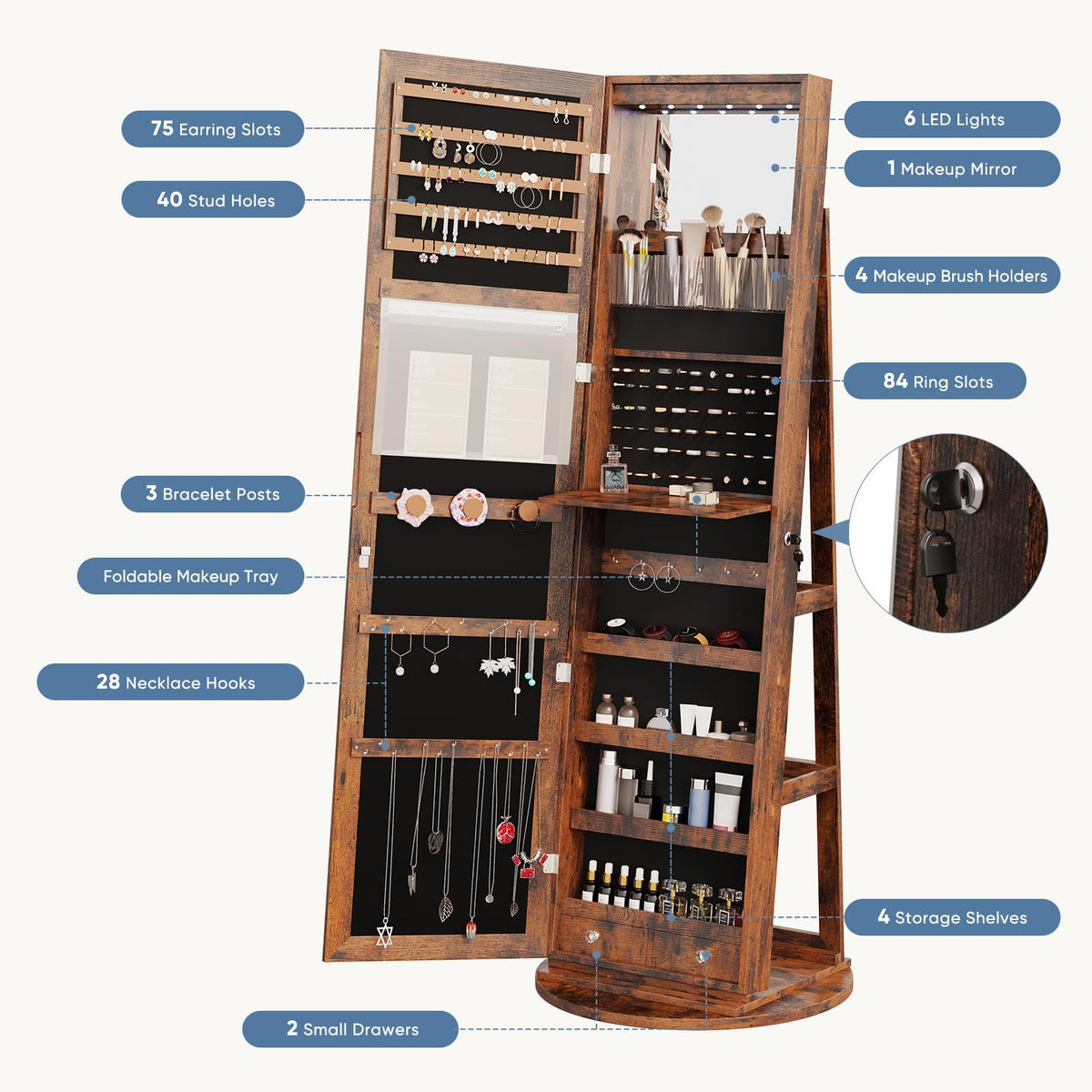 OLIXIS 360° Swivel Jewelry Cabinet with Light, Lockable Full Length Mirror